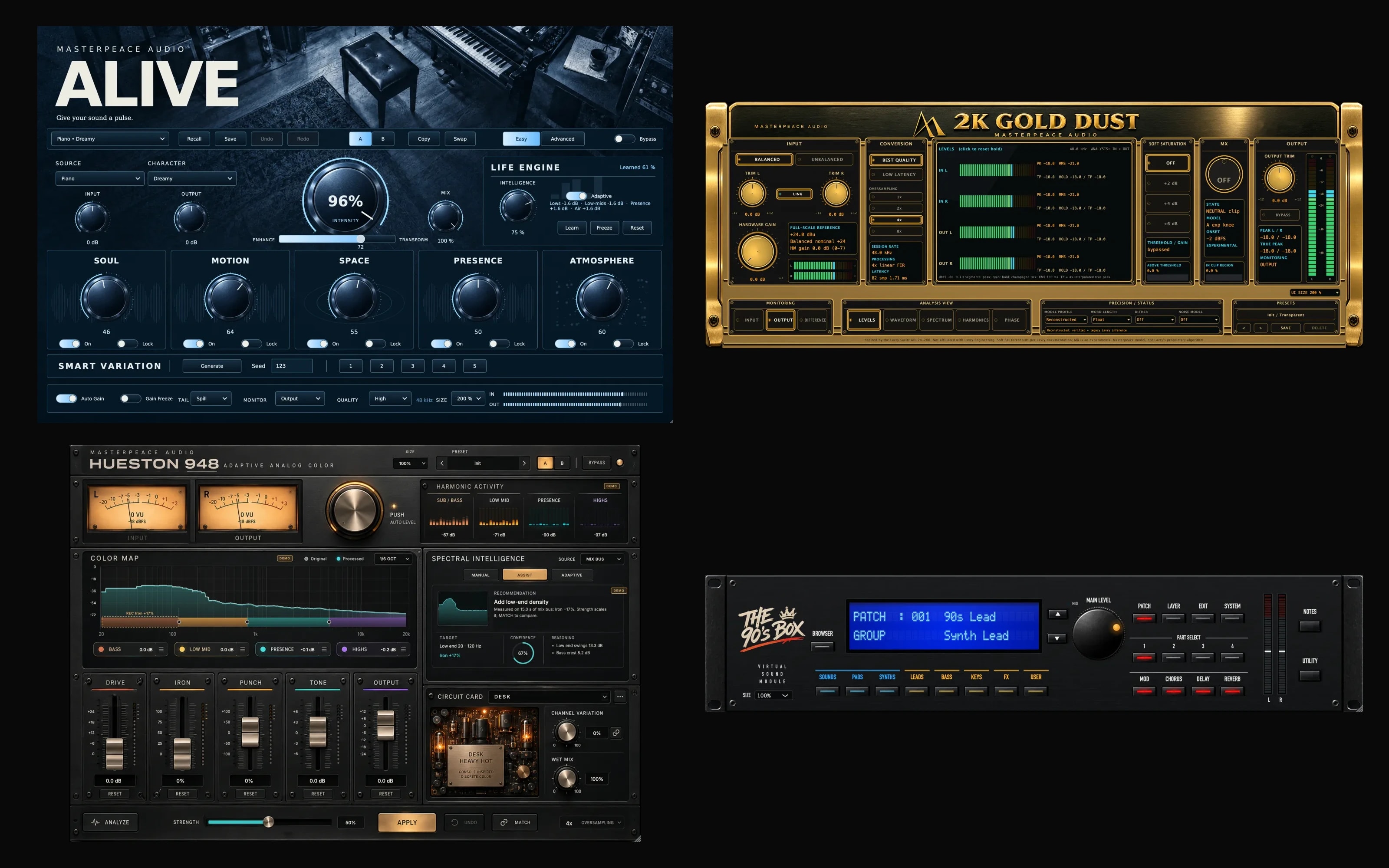 The four Masterpeace plugins: ALIVE, 2K Gold Dust, Hueston 948 and The 90s Box